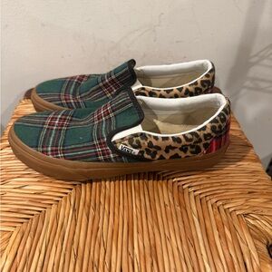 Women’s Green Plaid and Leopard Vans Sneakers Size 9
